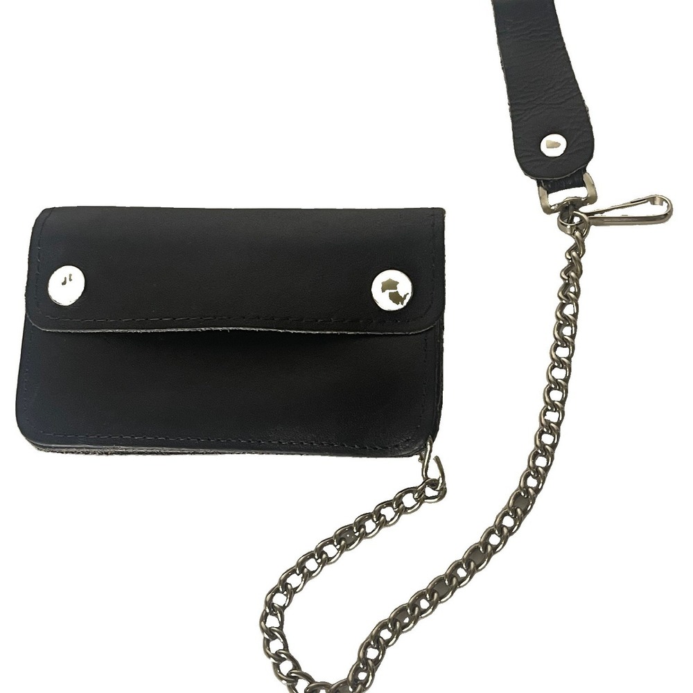 Black Genuine Leather Biker Chain Wallet Motorcycle Belt Loop Silver 13" Chain